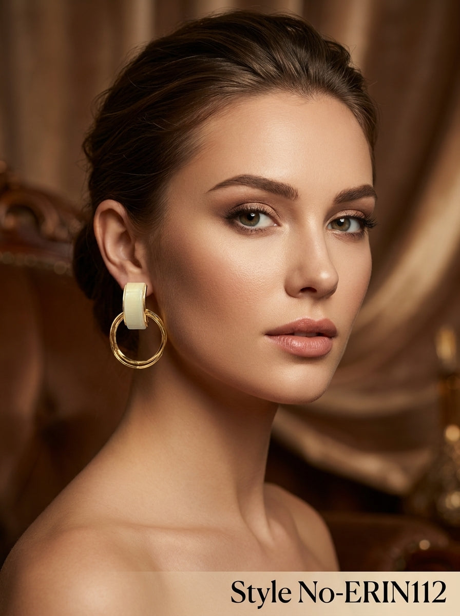 Gold Cream Enamel Geometric Double Hoop Dangle Earrings Statement Jewelry