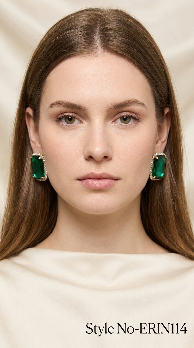 Emerald Green Octagon Cut Halo Stud Earrings Sparkling Crystal Jewelry