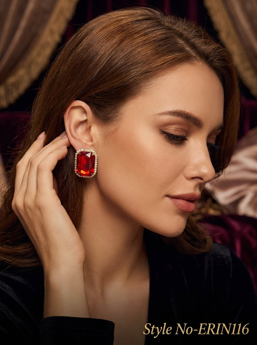 Ruby Red Emerald Cut Halo Stud Earrings Sparkling Crystal Jewelry