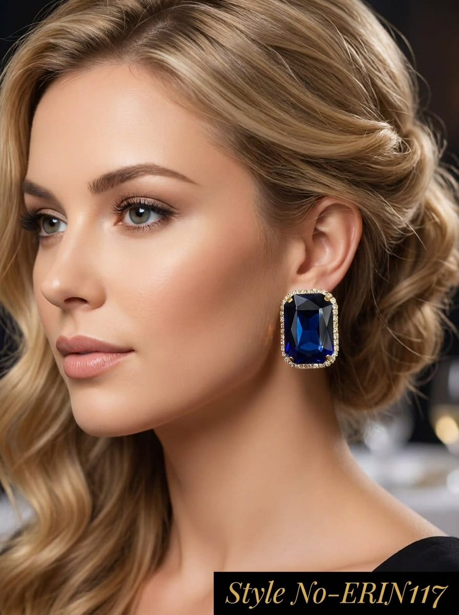 Sapphire Blue Emerald Cut Halo Stud Earrings Sparkling Crystal Jewelry