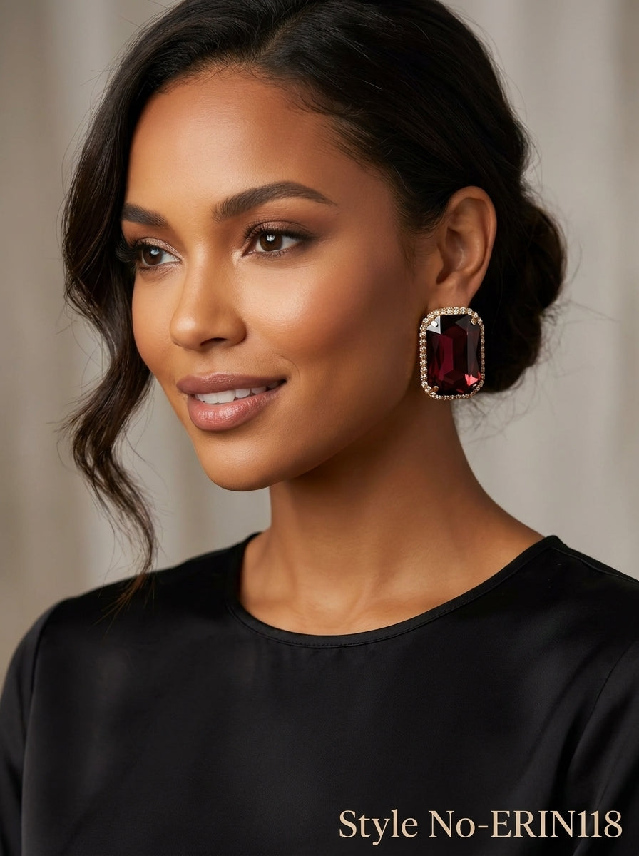 Burgundy Wine Emerald Cut Halo Stud Earrings Sparkling Crystal Jewelry