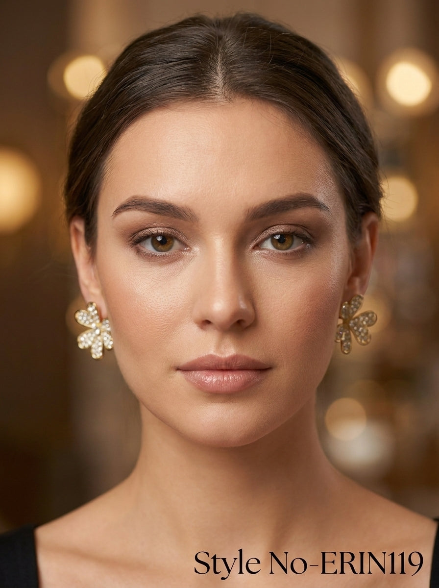 Gold Pave Crystal Clover Flower Stud Earrings Sparkling Floral Jewelry