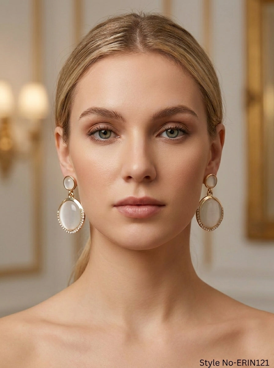 Vintage Luminous Moonstone Dangle Earrings Crystal Rim For Evening Gala