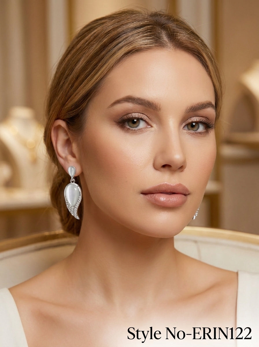 Silver Opal Angel Wing Dangle Earrings Sparkling Crystal Drop Jewelry