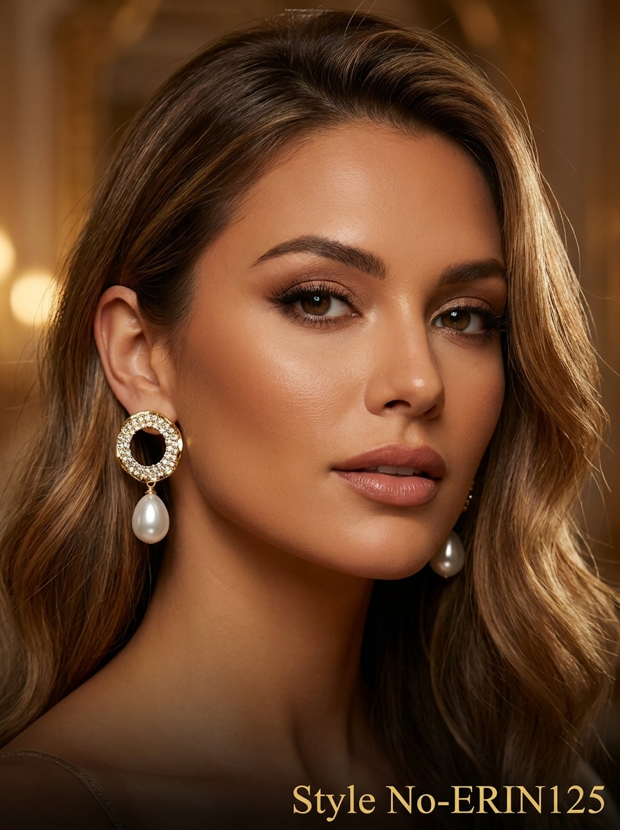 Gold Pave Crystal Circle Stud Baroque Pearl Dangle Drop Earrings