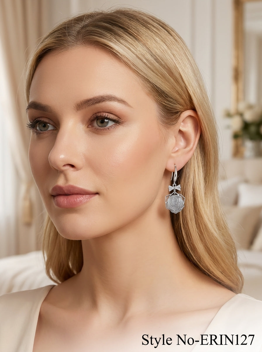 Silver Opal Camellia Rose Dangle Earrings Crystal Bowknot Drop Jewelry