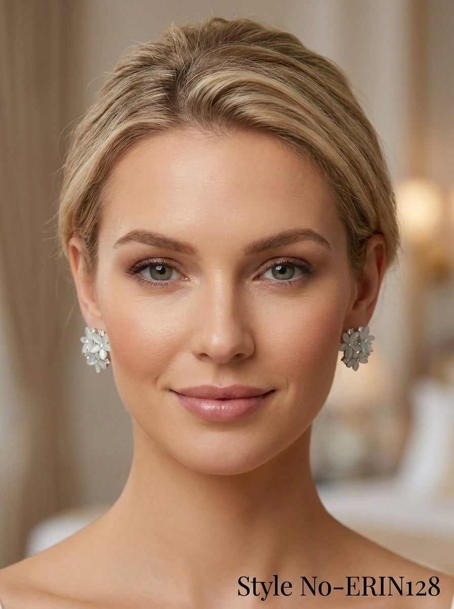 Chic Rhodium Plated Cat Eye Flower Cluster Button Earrings Women
