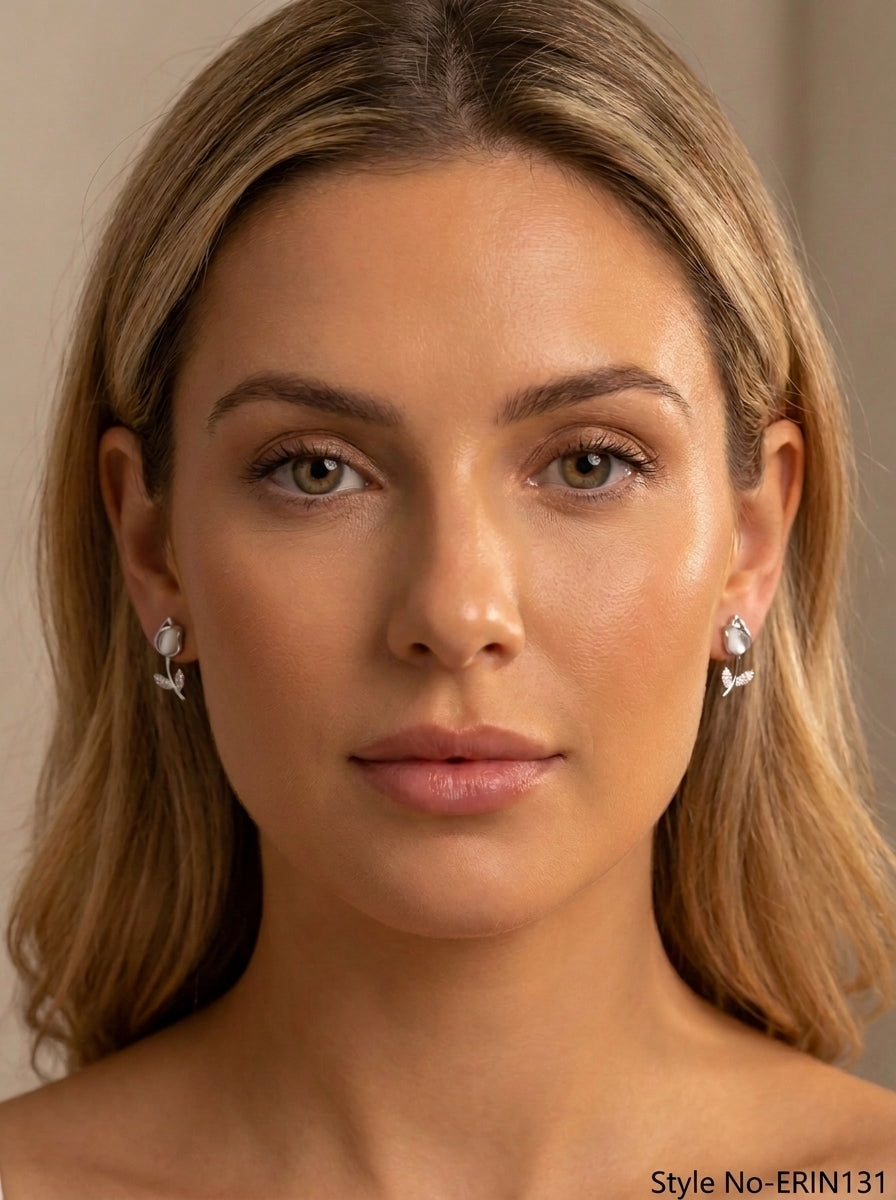 Silver Opal Tulip Flower Stud Earrings Sparkling Crystal Floral Jewelry