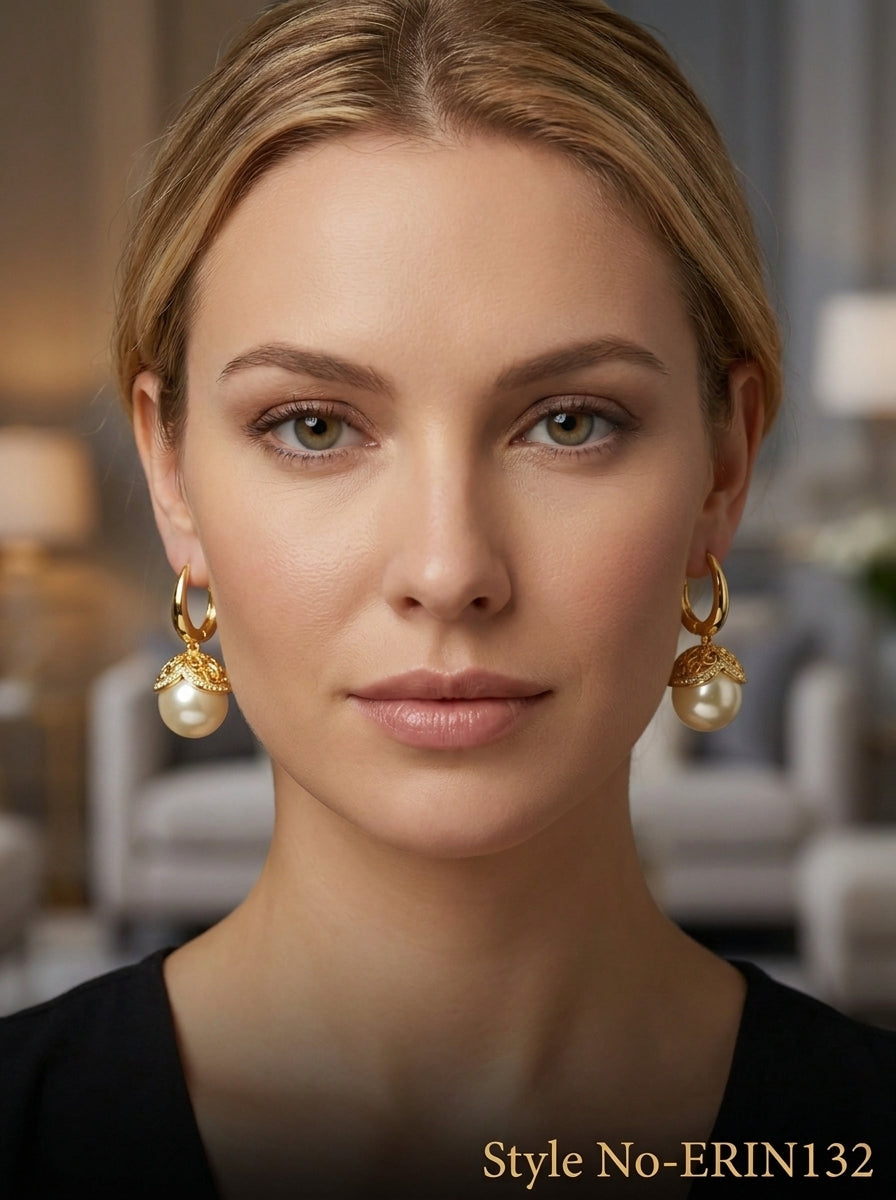 Chic Gold Plated Round Pearl Rhinestone Acorn Dangle Hoop Earrings
