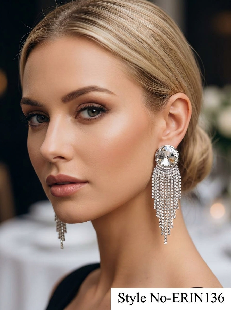 Silver Crystal Waterfall Fringe Dangle Earrings Sparkling Statement Evening Jewelry