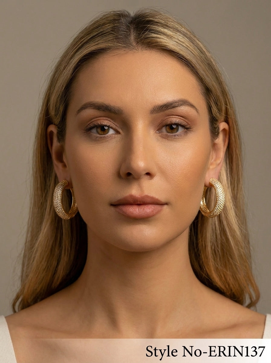Gold Pave Crystal Chunky Hoop Earrings Sparkling Huggie Statement Jewelry