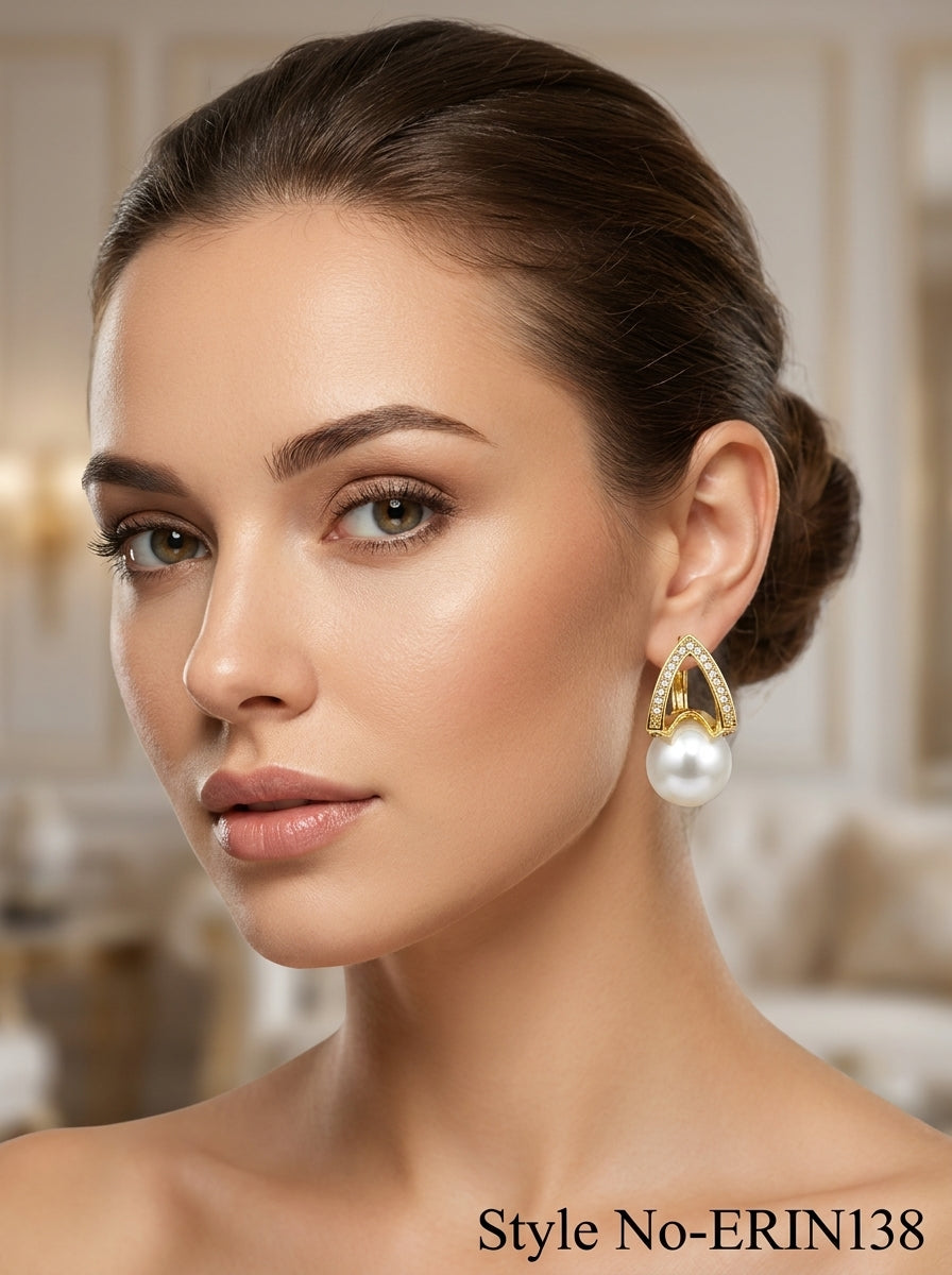 Golden Triangle Arch Pave Crystal Teardrop Pearl Dangle Earrings
