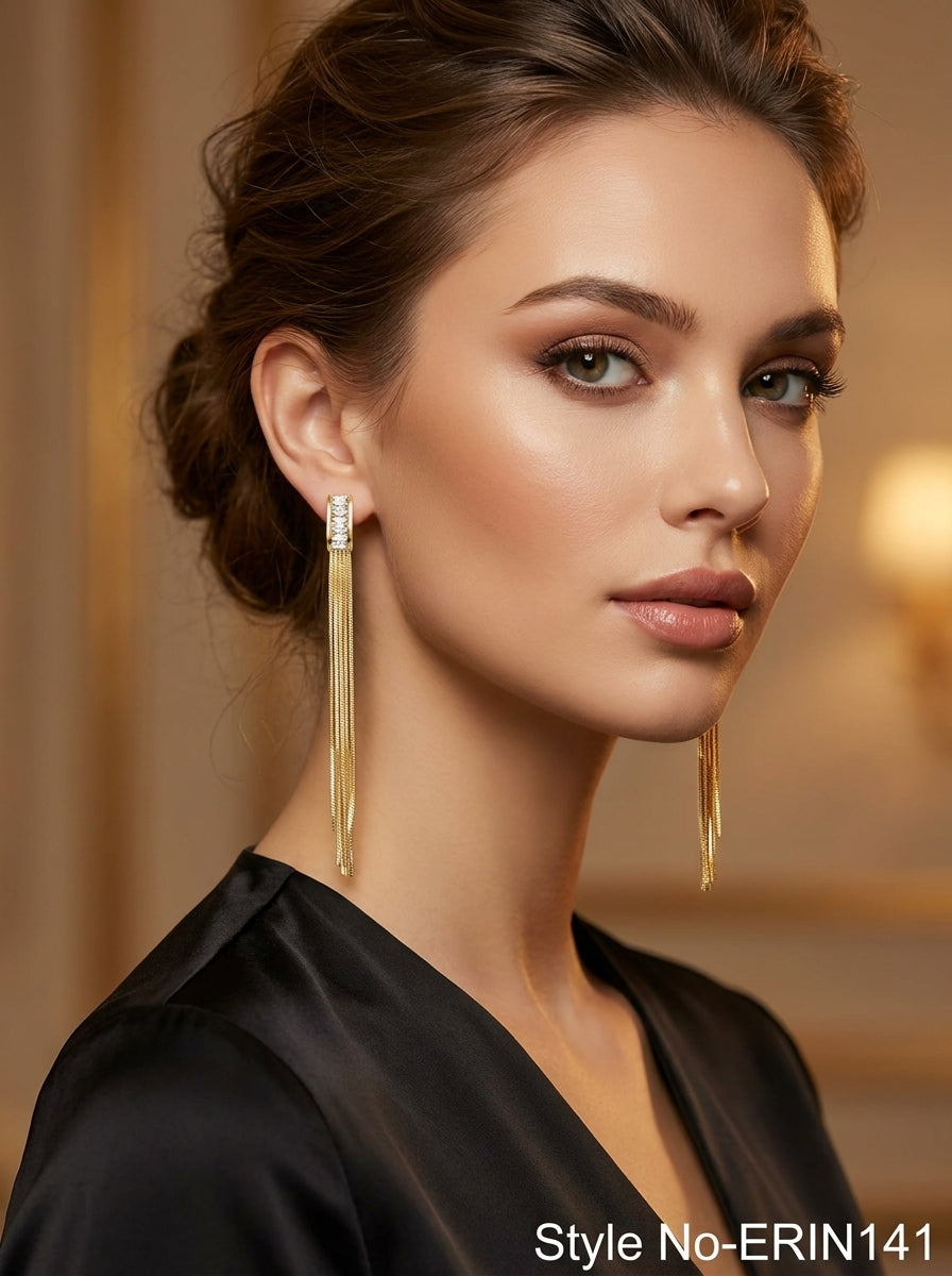 Gold Baguette Crystal Bar Snake Chain Tassel Earrings Statement Jewelry