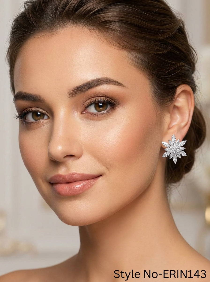 Silver Marquise Crystal Snowflake Stud Earrings Sparkling Starburst Statement Jewelry