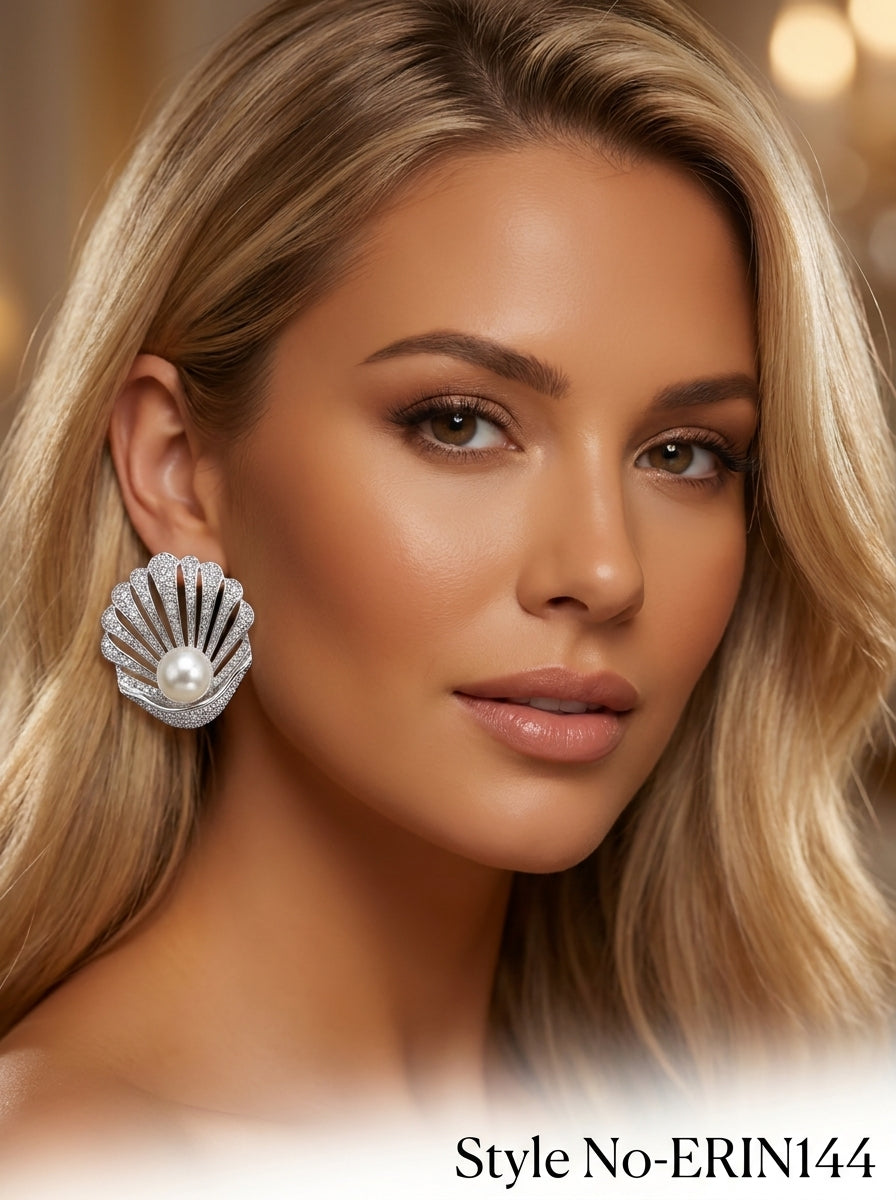 Silver Pave Crystal Seashell Pearl Stud Earrings Nautical Statement Jewelry