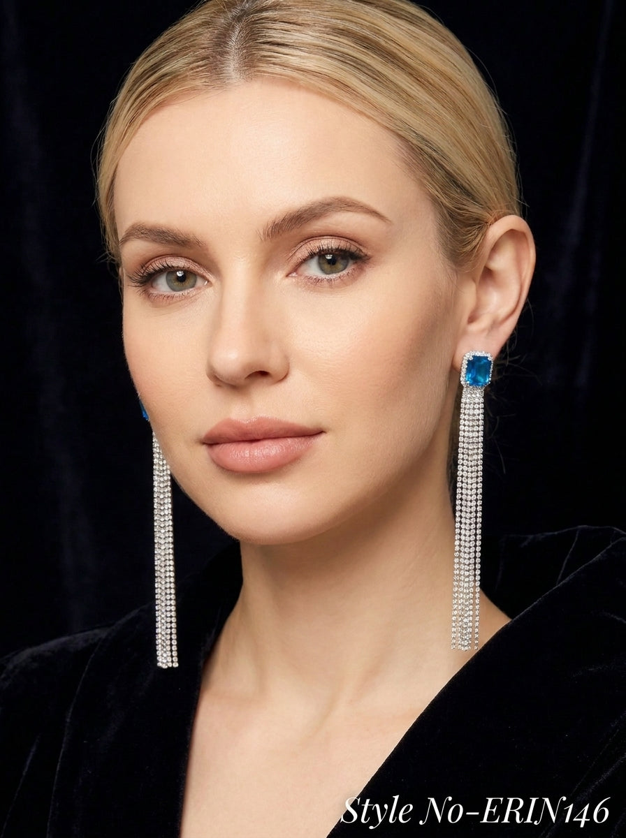 Blue Gemstone Halo Long Rhinestone Fringe Dangle Earrings Evening Wear