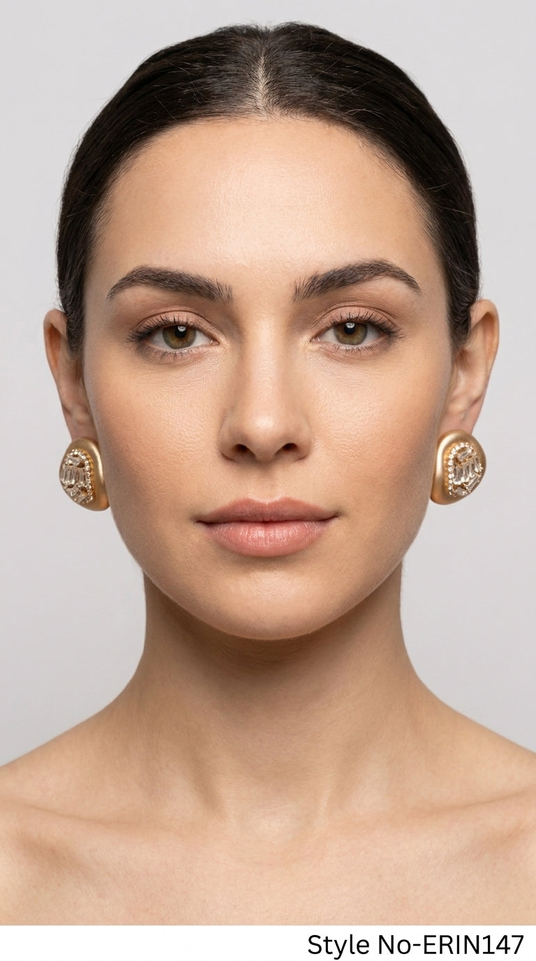 Champagne Gold Organic Pebble Stud Earrings Baguette Crystal Statement Jewelry