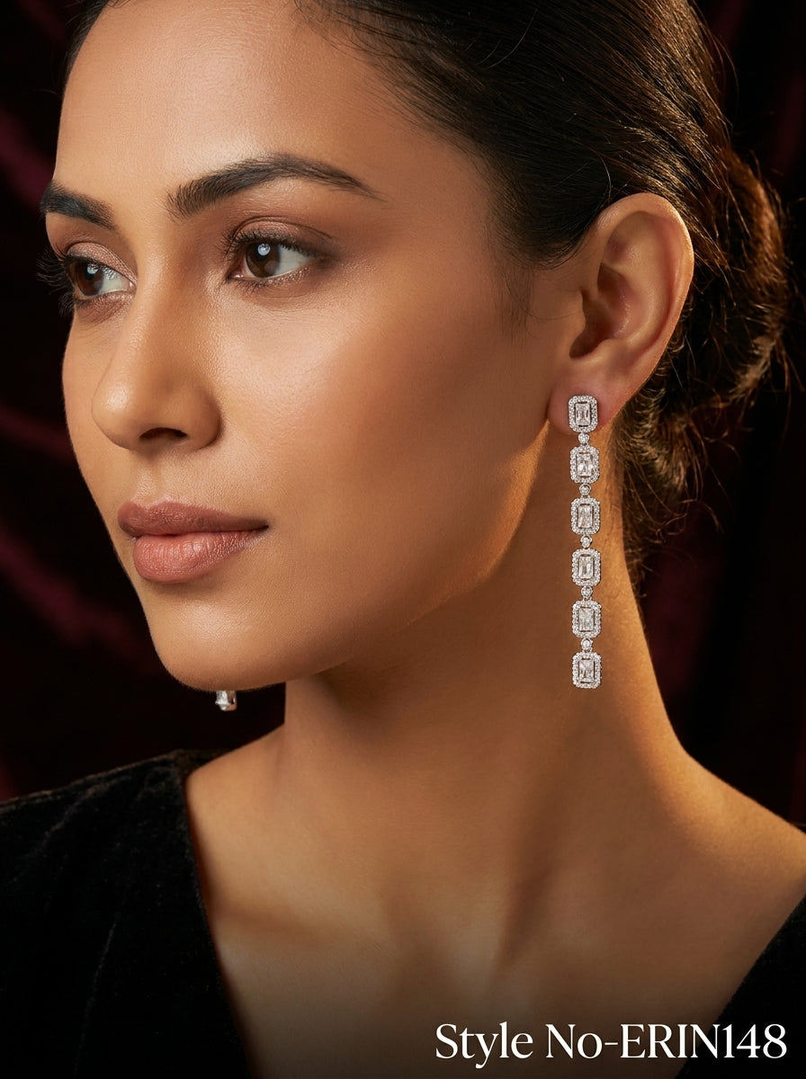 Rhodium Plated Tiered Rectangle Cubic Zirconia Long Drop Earrings Women