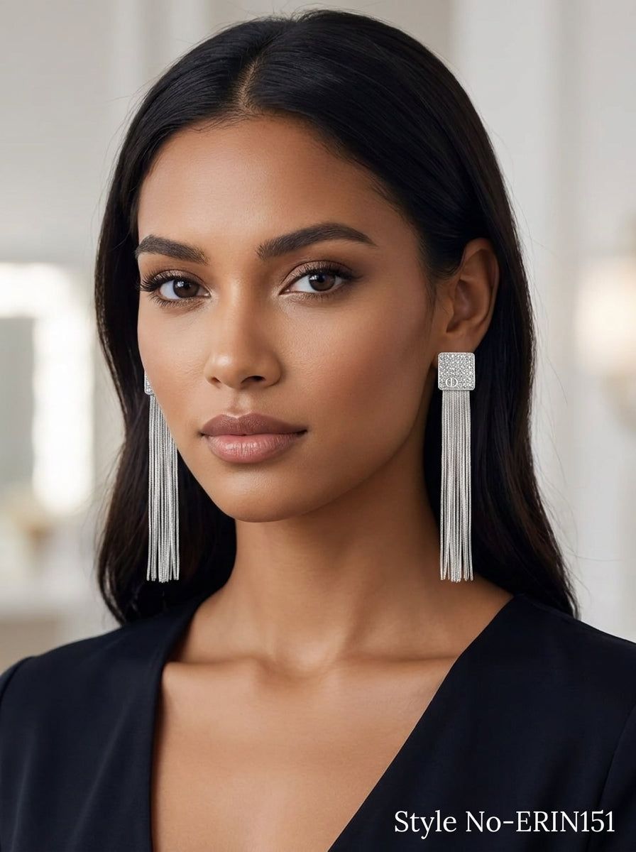 Rhodium Plated Geometric Stud Cascading Liquid Fringe Dangles For Women