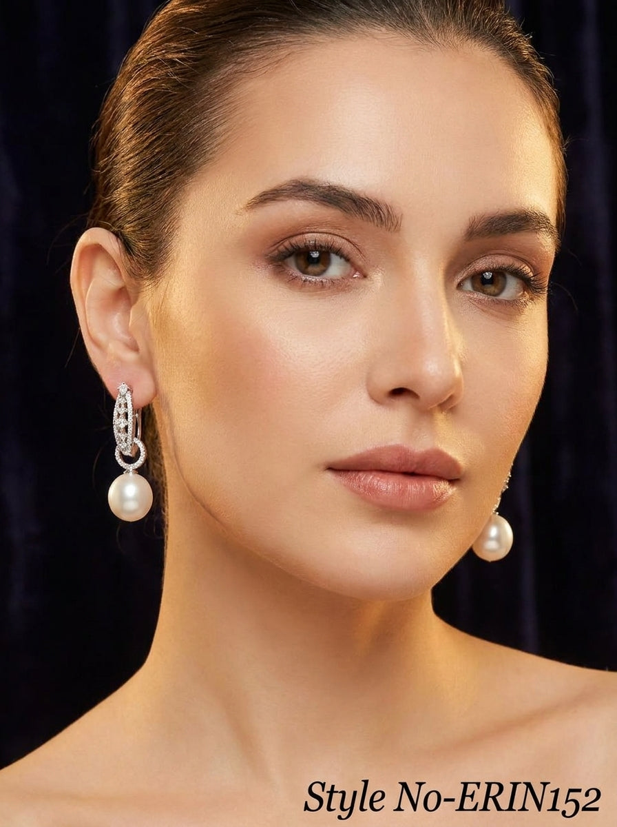 Rhodium Plated Pave Ring Interlocking White Pearl Dangle Earrings Women