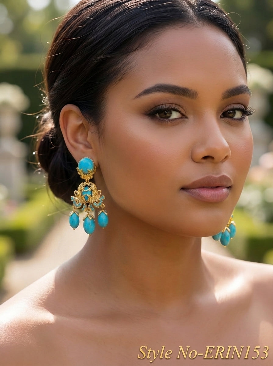 Gold Turquoise Chandelier Drop Earrings Filigree Floral Statement Jewelry
