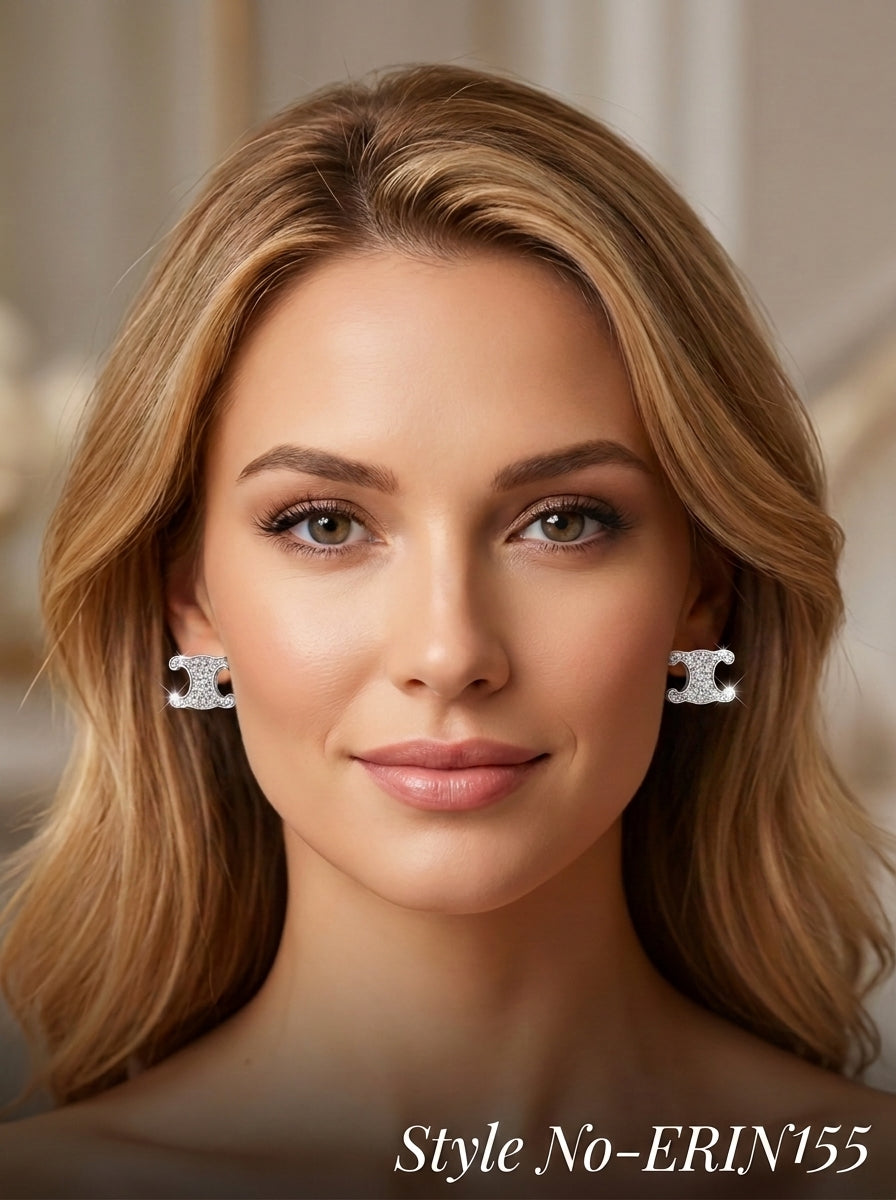 Silver Pave Crystal Triomphe Monogram Stud Earrings Statement Jewelry