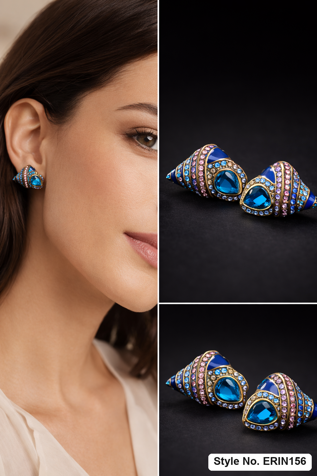 Gold Conch Seashell Stud Earrings Blue Enamel Crystal Statement Jewelry