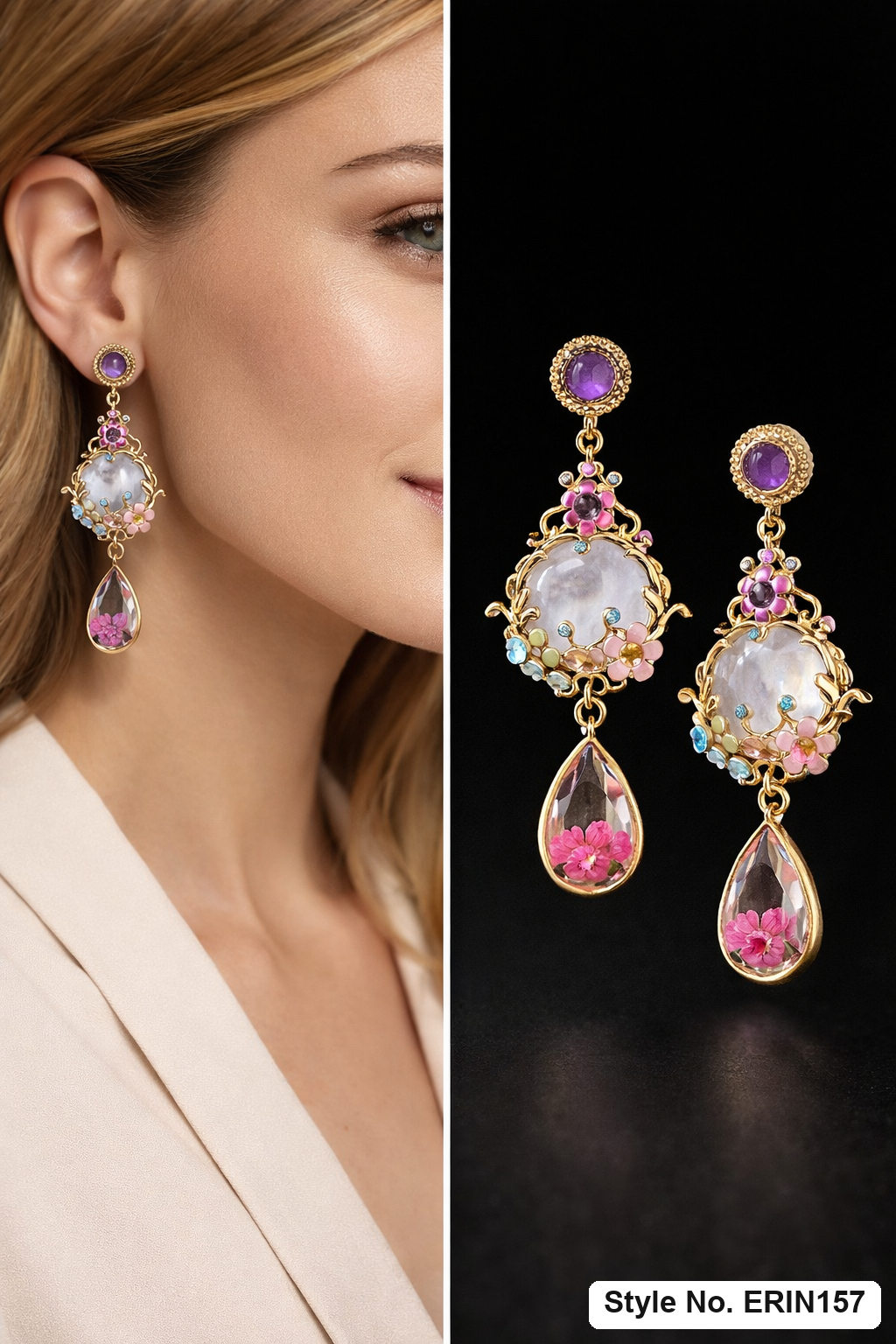 Gold Floral Filigree Chandelier Drop Earrings Resin Flower Statement Jewelry