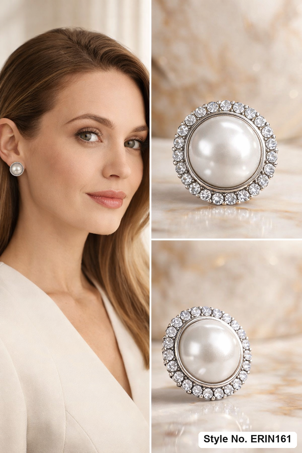 Rhodium Plated Round Dome Pearl Earrings Sparkling Rhinestone Wreath Women