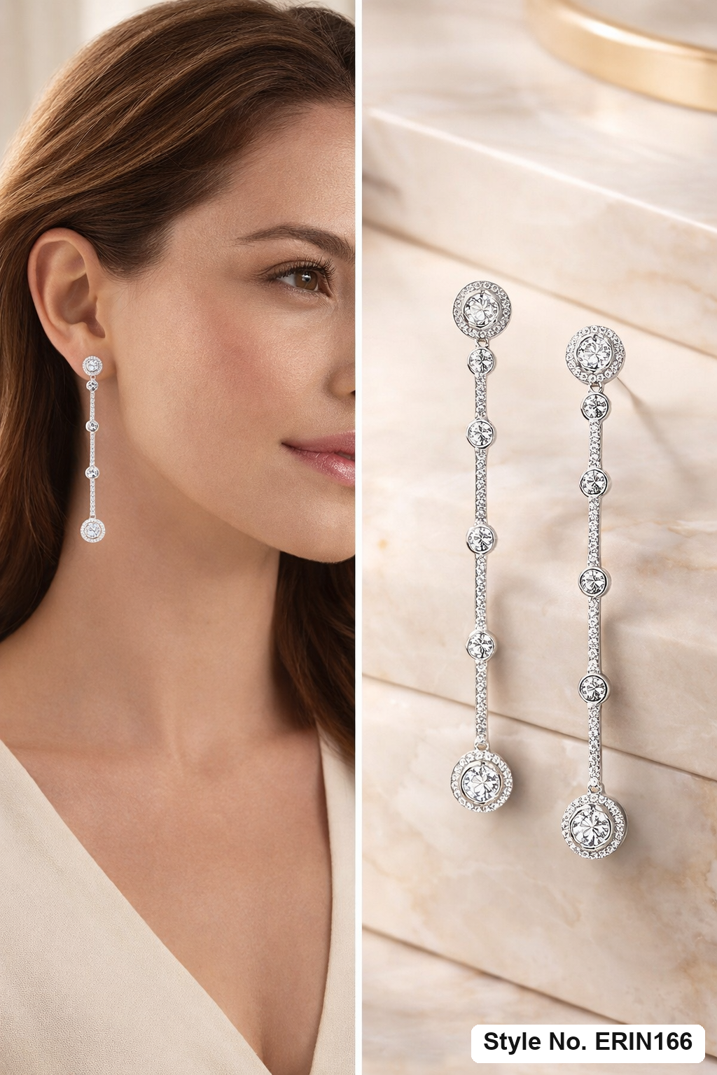 Silver Halo Round Crystal Linear Bar Dangle Earrings Statement Jewelry