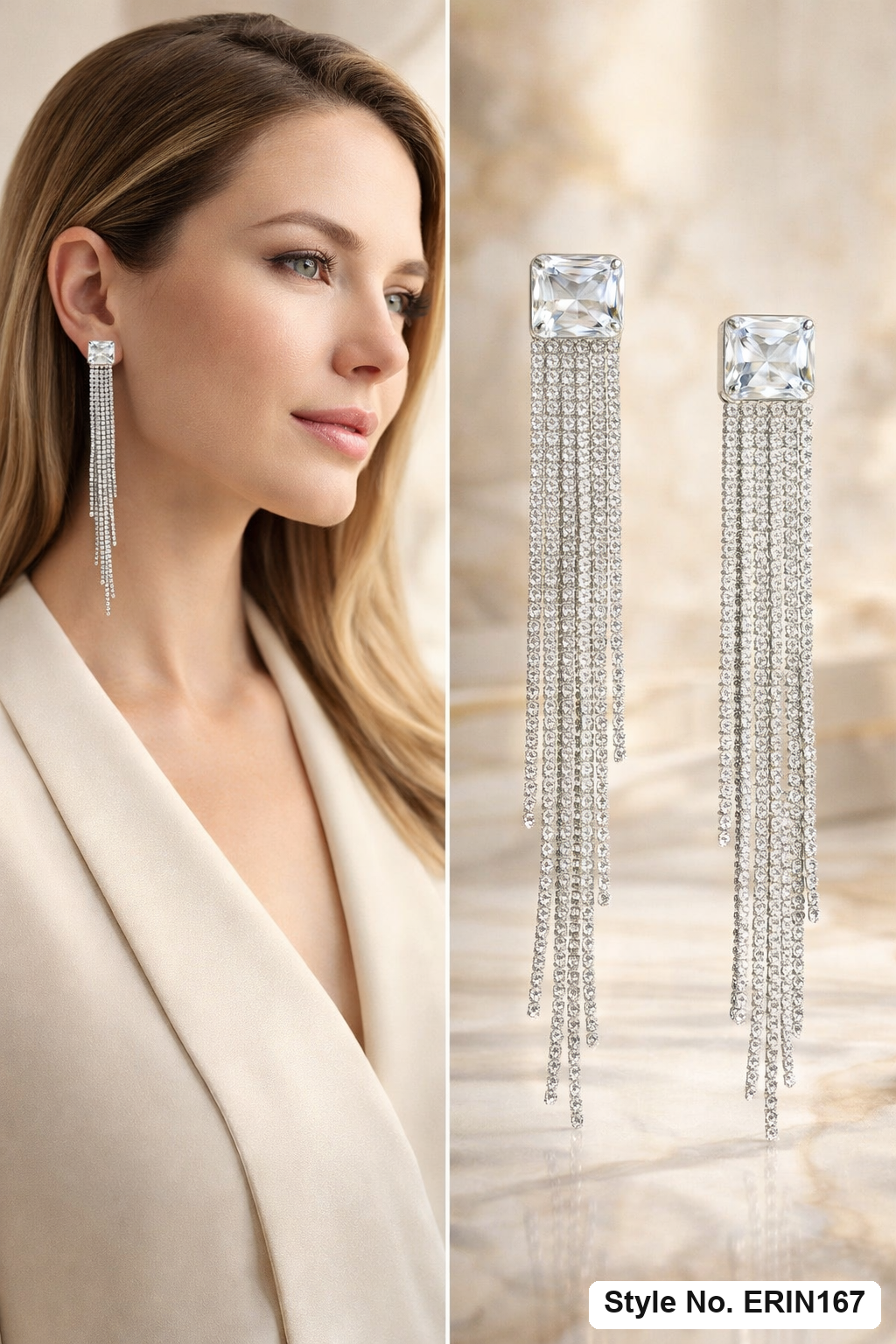 Rhodium Plated Multi Strand Rhinestone Fringe Dangle Earrings For Women
