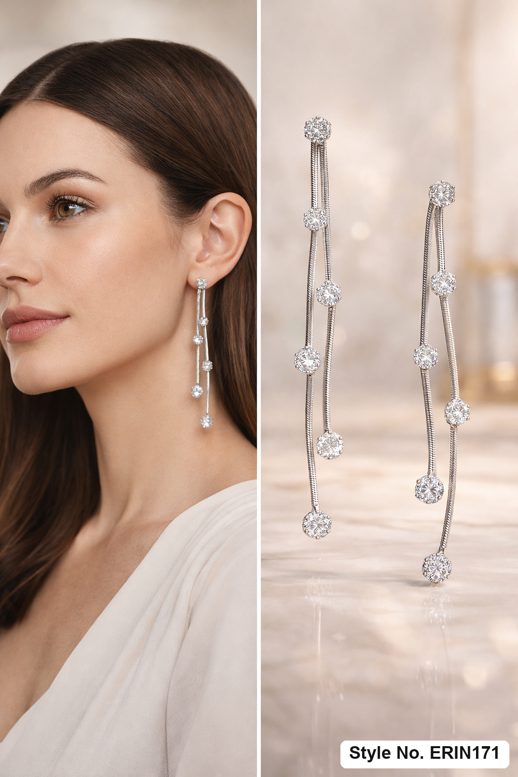 Silver Snake Chain Linear Drop Earrings Round Crystal Statement Jewelry