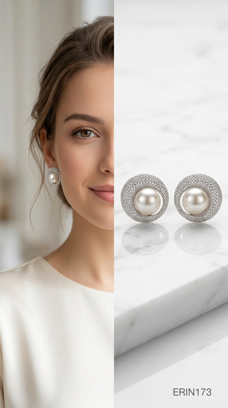 Silver Concave Pave Crystal White Pearl Button Stud Earrings Jewelry