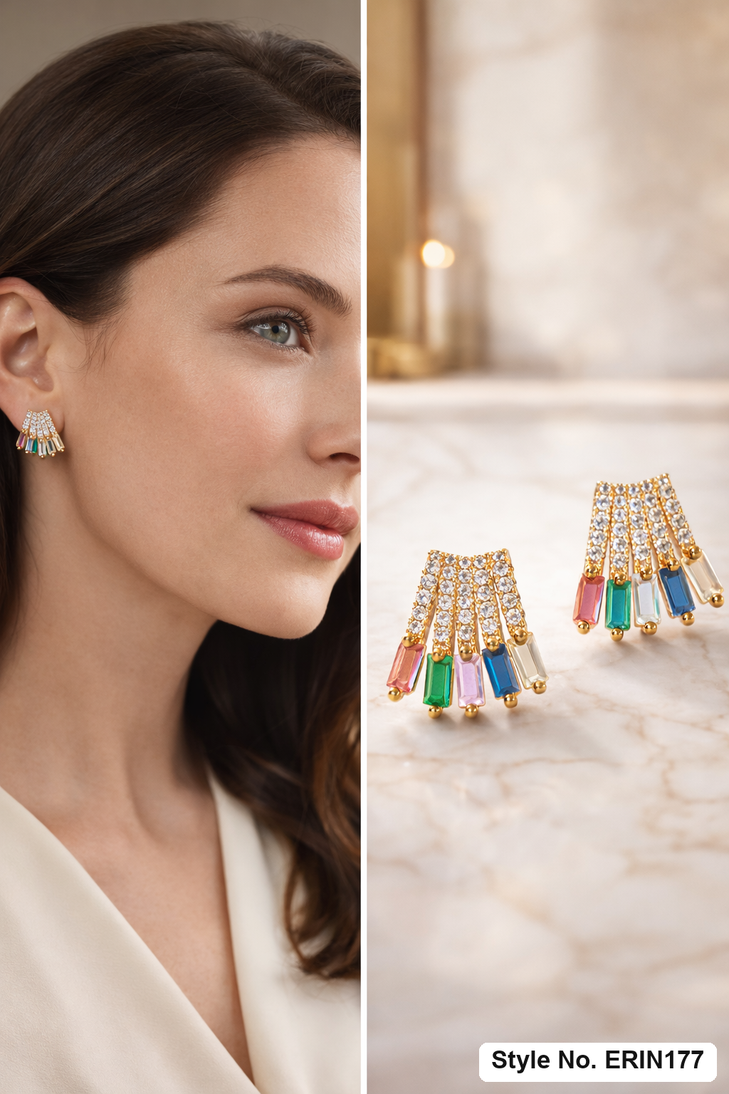 Gold Multicolor Baguette Crystal Fan Stud Earrings Statement Cluster Jewelry