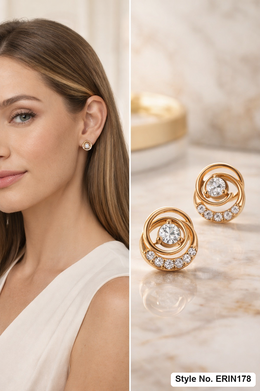 Gold Interlocking Double Circle Stud Earrings Floating Crystal Solitaire Jewelry