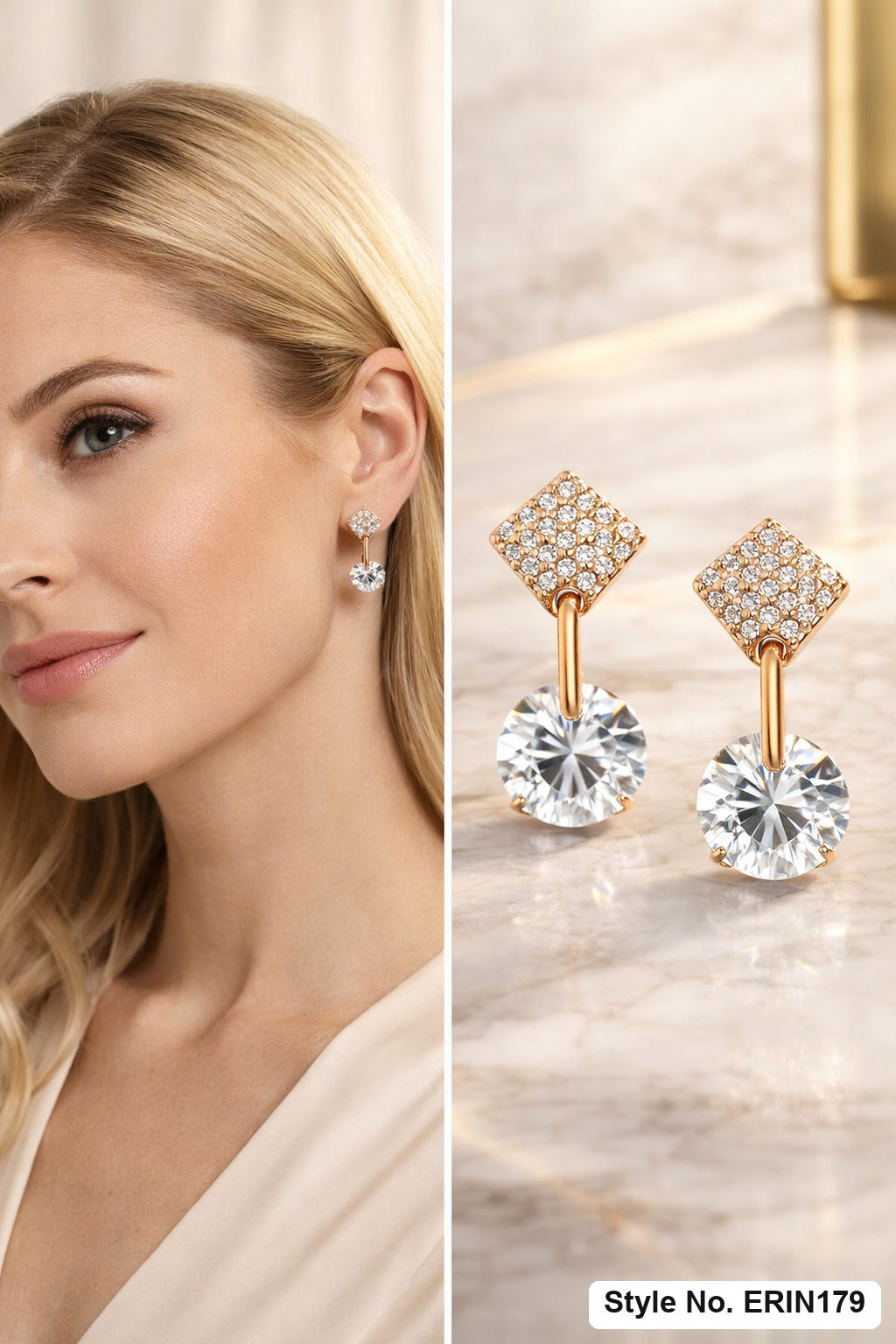 Gold Rhombus Pave Crystal Drop Earrings Solitaire Dangle Statement Jewelry