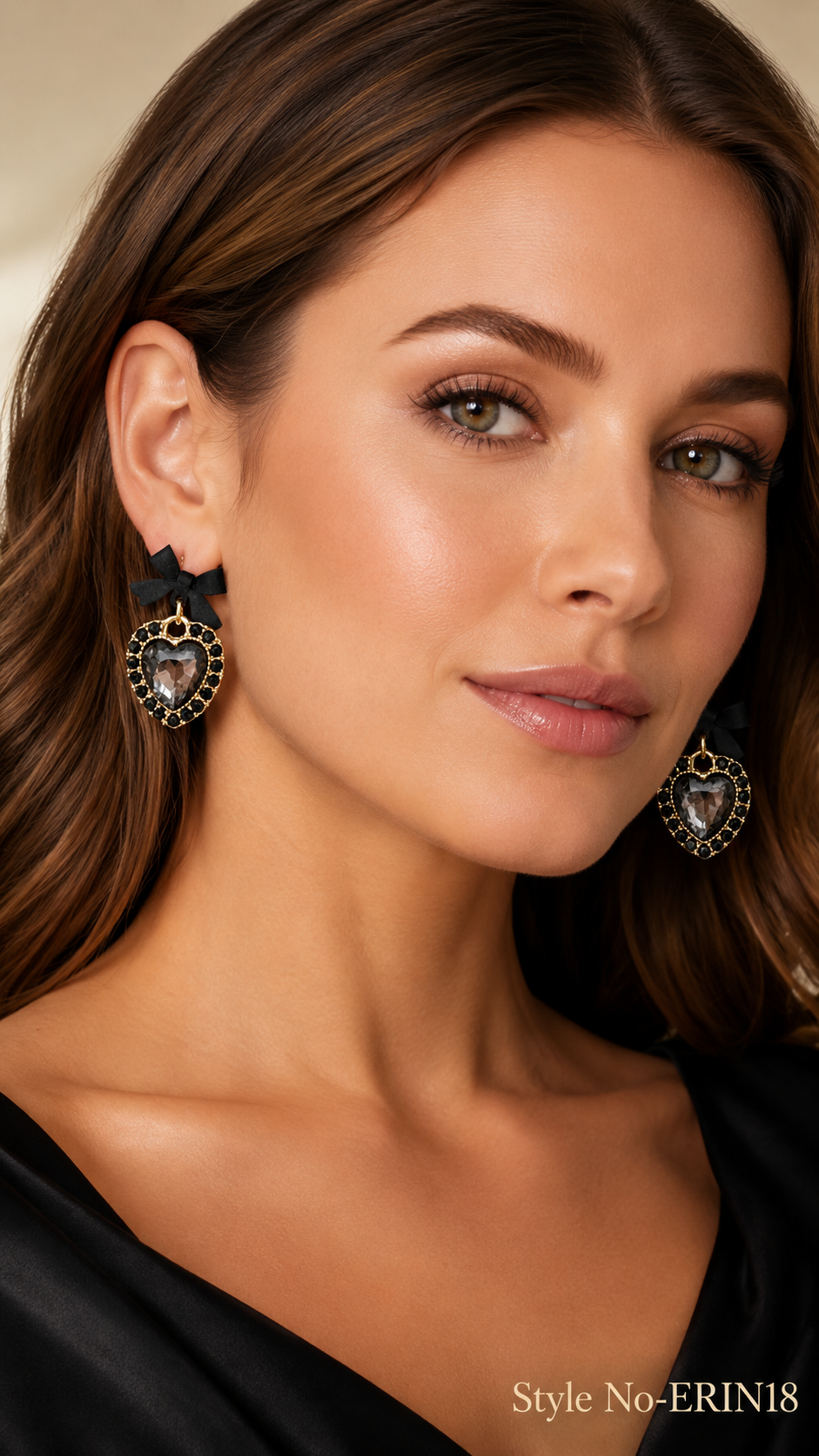 Vintage Black Bow Smokey Crystal Heart Dangle Drop Earrings