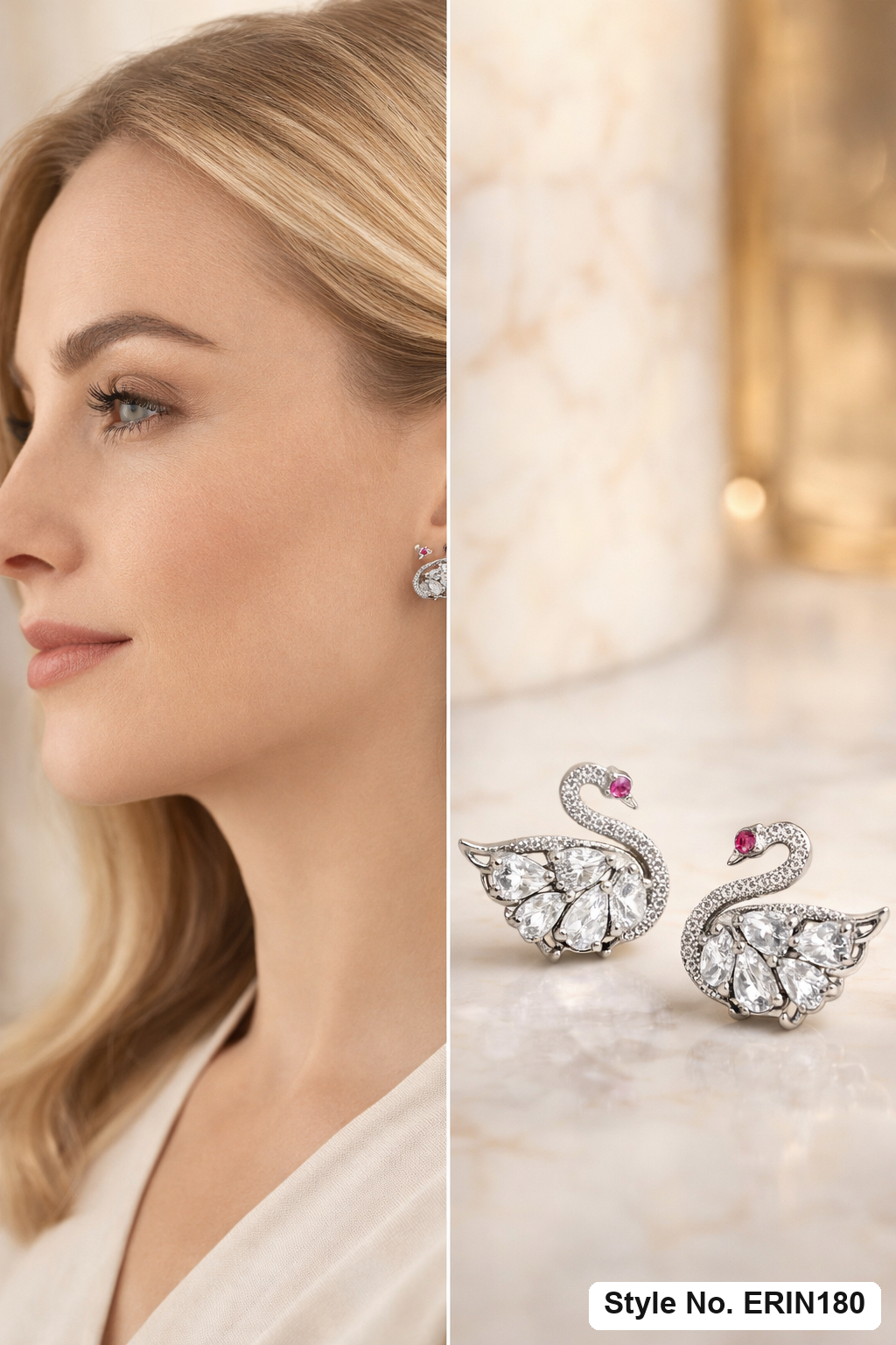 Silver Swan Stud Earrings Pave Crystal Bird Statement Post Jewelry