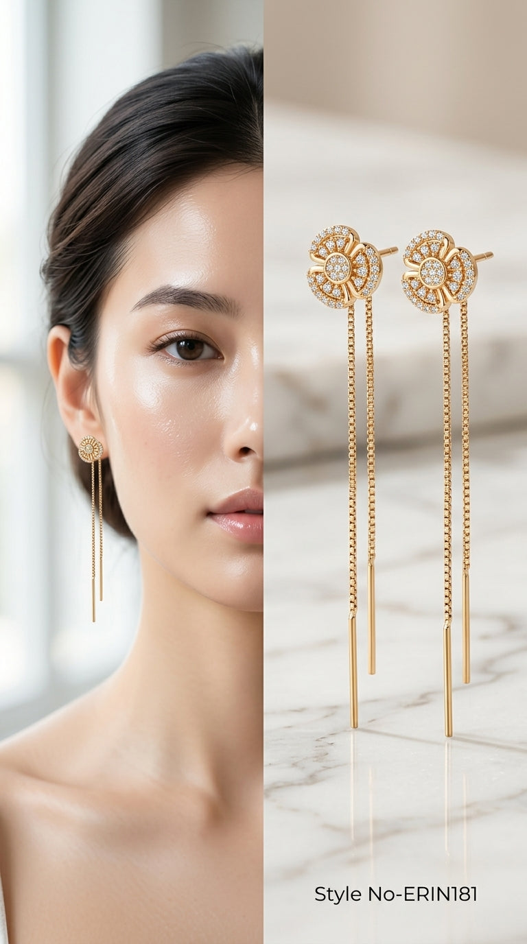 Gold Clover Flower Threader Earrings Pave Crystal Linear Statement Jewelry