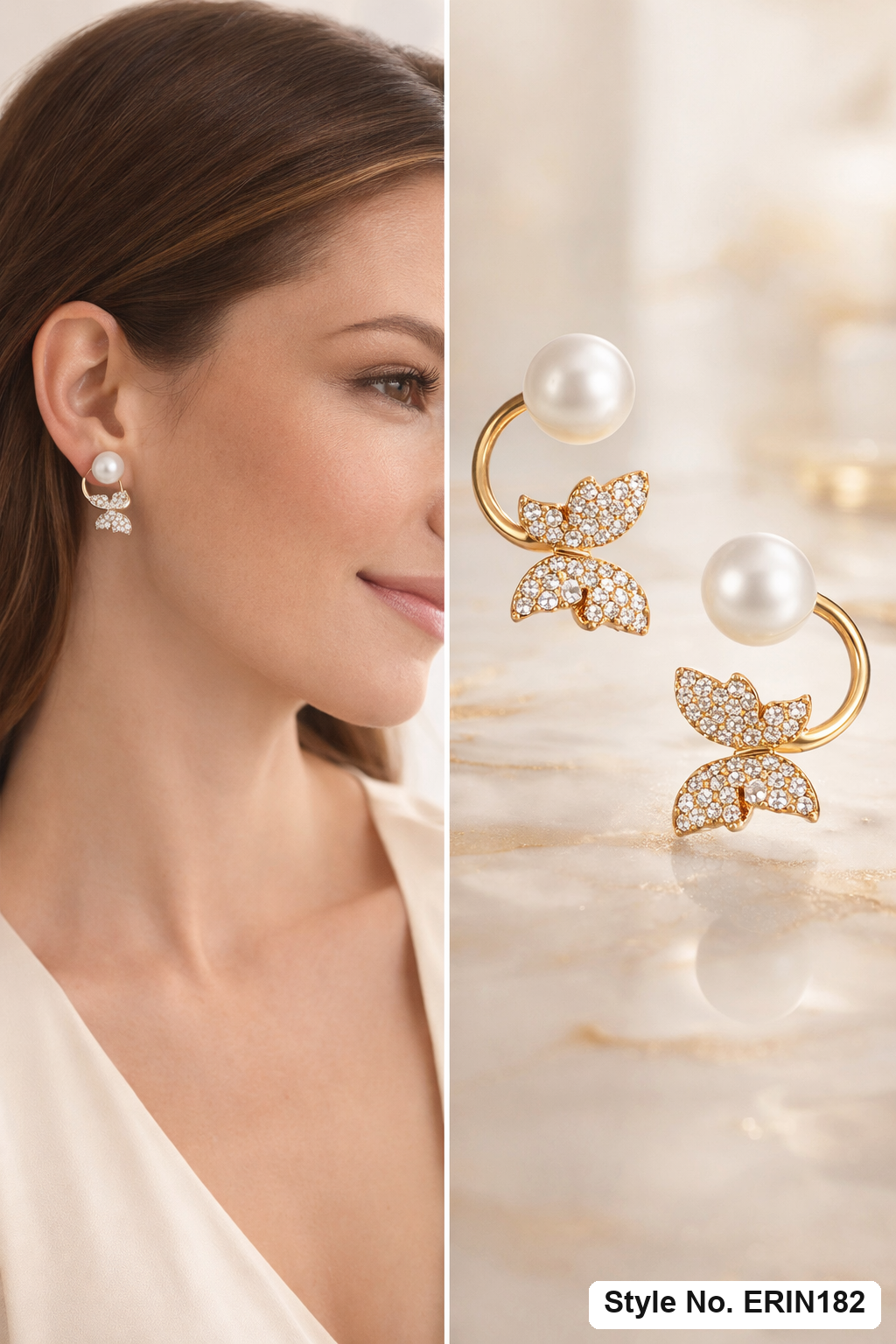 Sculpted Curved C Hoop Butterfly Post Studs With Lustrous Pearl