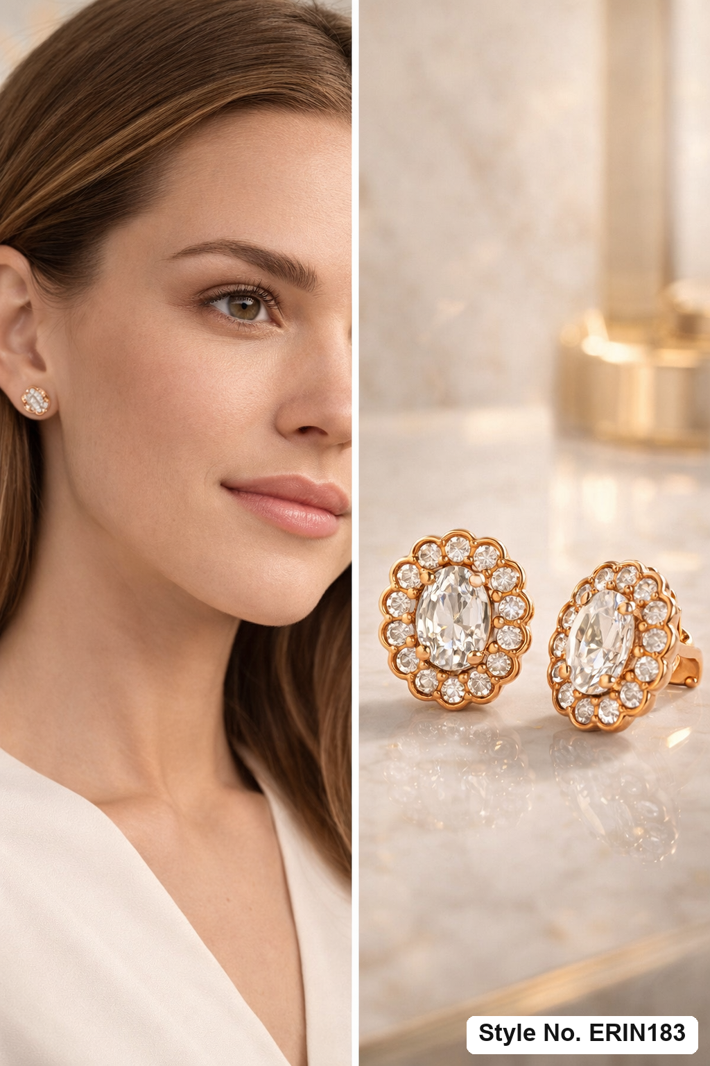 Gold Oval Cut Crystal Halo Stud Earrings Scalloped Statement Jewelry