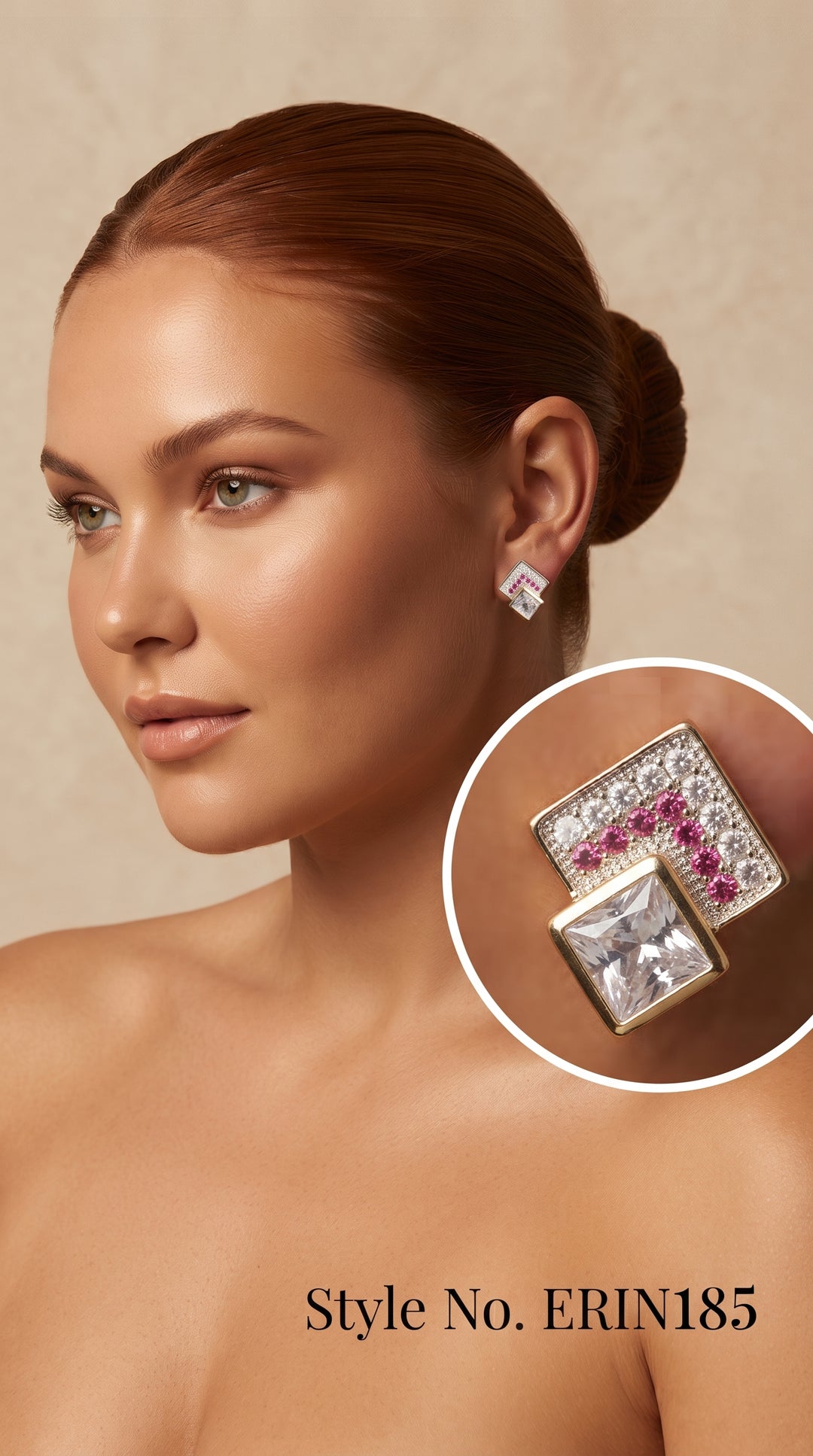 Silver tone square geometric stud earrings with ruby pink accents