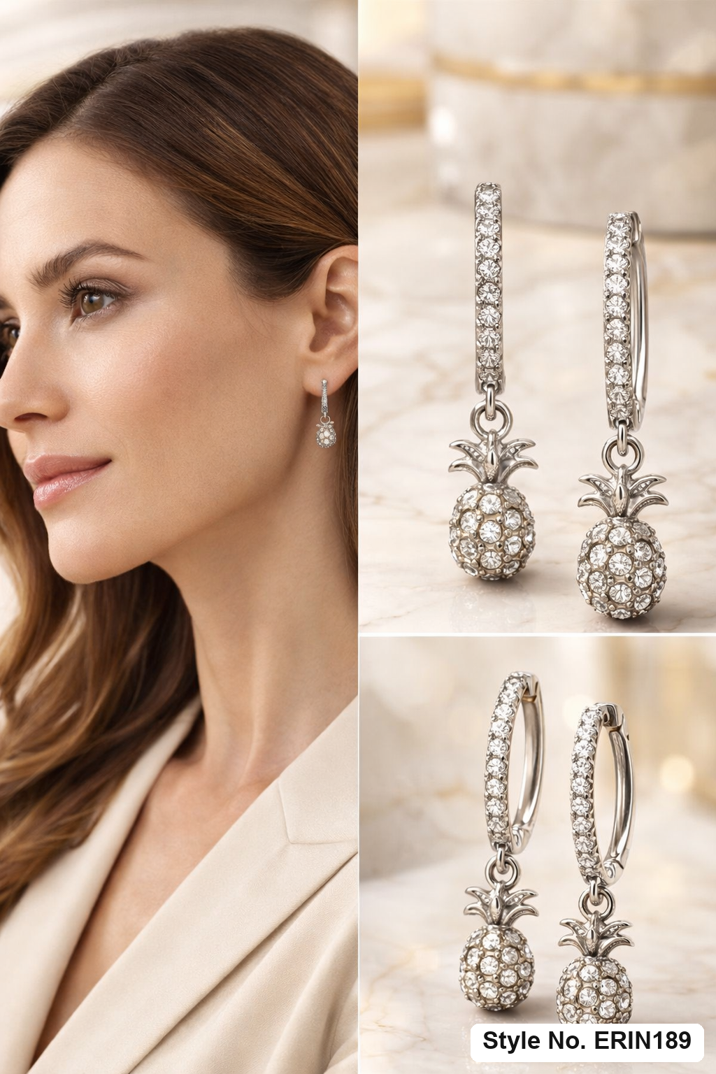 Silver tone huggie hoop earrings with pineapple charm dangle
