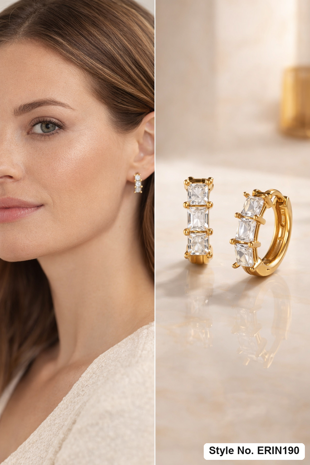 Gold tone princess cut stone three row huggie hoop earrings