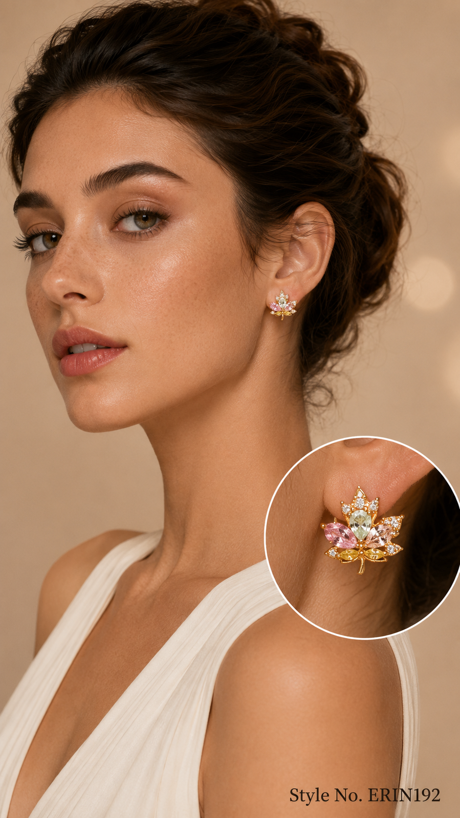 Gold tone maple leaf stud earrings with pastel stone accents