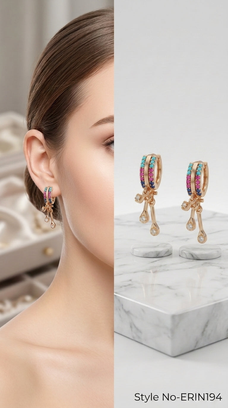 Gold tone multicolor stone huggie hoop earrings with charm dangles