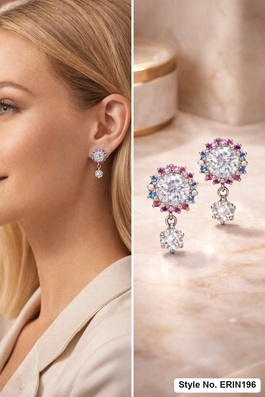 Silver tone round halo drop earrings with colorful outer accents