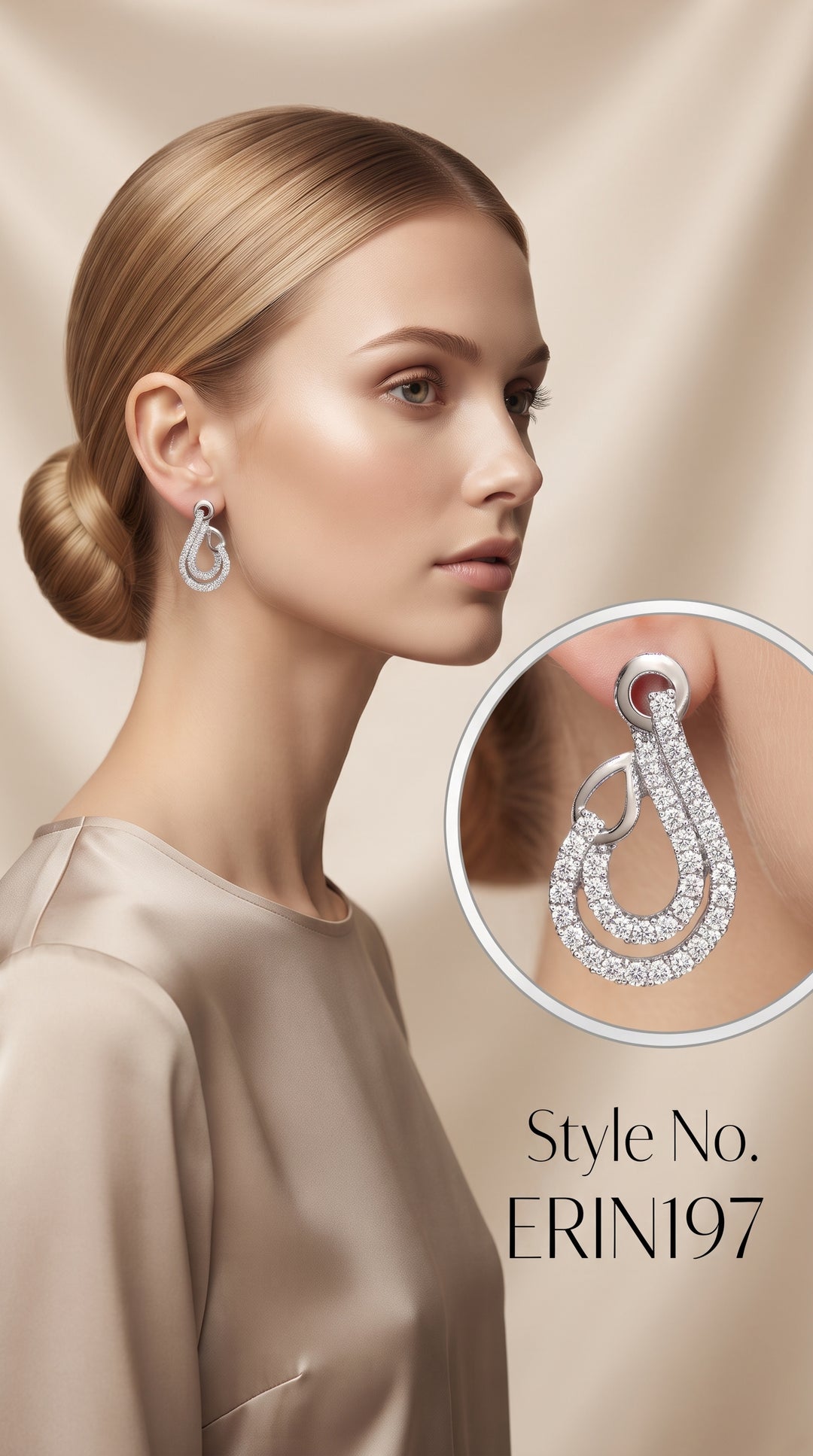 Silver tone open teardrop loop paved stud earrings for women