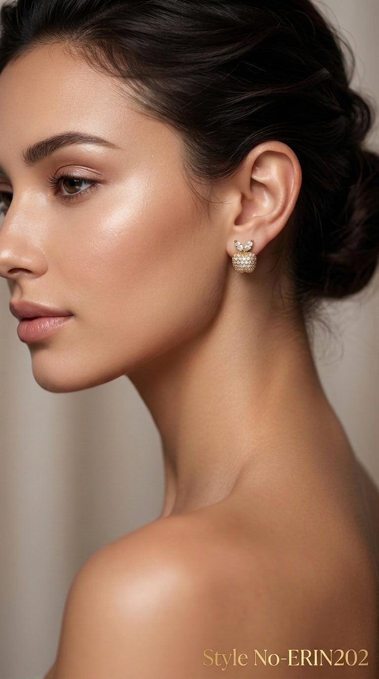 Gold tone paved apple motif stud earrings for women girls