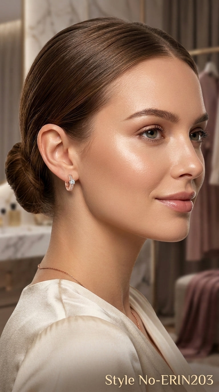 Gold tone round solitaire stone pave set huggie hoop earrings